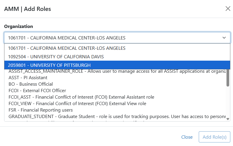 Screenshot of the Add Roles screen